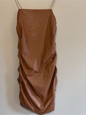 Forever 21 Dress Womens Small Brown Faux Leather Ruched Bodycon Mini Slip Party